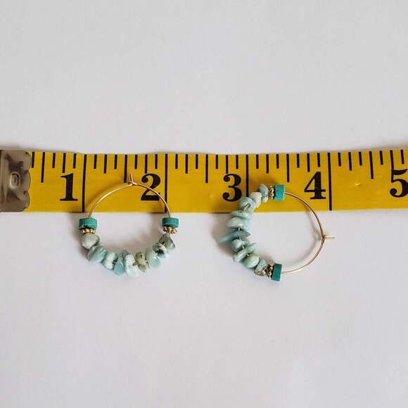 Natural LARIMAR & TURQUOISE 14k Gold Filled Hoop Earring Rustic Raw Artisan made - Picture 4 of 7